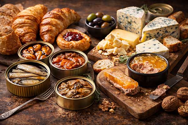 Tabla con quesos, pan, conservas y aperitivos variados.