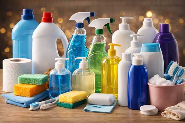 Conjunto de productos de limpieza y detergentes para el hogar.